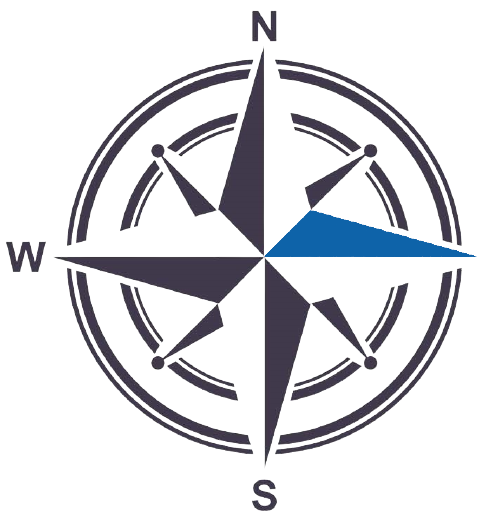 Logo image: compass in dark grey and blue